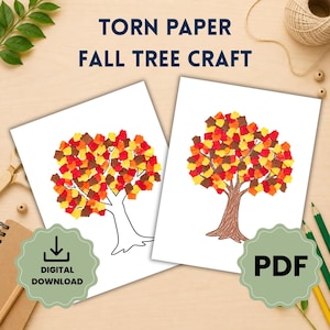 Puede incluir: Dos hojas de papel blancas con un TORN PAPER FALL TREE CRAFT. Un árbol tiene un tronco con contorno simple, mientras que el otro tiene un tronco coloreado de marrón. Ambos árboles están decorados con trozos pequeños de papel rojo, naranja y amarillo.