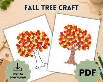 May include: Two white sheets of paper featuring a TORN PAPER FALL TREE CRAFT. One tree has a plain outline trunk, while the other has a brown colored trunk. Both trees are decorated with small, torn pieces of red, orange, and yellow paper.