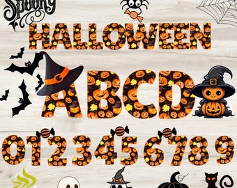 May include: Halloween-themed digital design elements. Includes the word "Halloween" and the letters "ABCD" filled with pumpkin patterns. Also features numbers, bats, a witch's hat, a spider, and other spooky graphics.