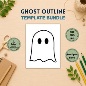 May include: A digital template bundle featuring a central white ghost outline with black eyes on a rectangular background. The text reads GHOST OUTLINE TEMPLATE BUNDLE, DIGITAL DOWNLOAD, PDF PNG JPG, and Multiple Sizes, surrounded by craft supplies.
