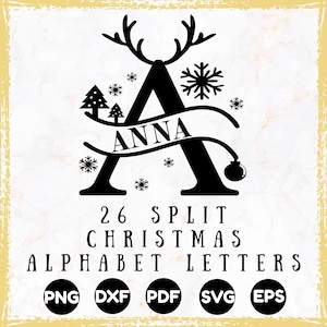 Pode incluir: Design de monograma preto com tema natalino com a letra "A" com chifres de rena, flocos de neve e uma árvore de Natal. O nome "ANNA" está integrado no design. A imagem também inclui o texto "26 letras do alfabeto de Natal divididas" e ícones de tipo de arquivo.