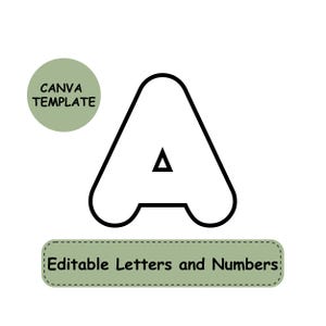 Könnte beinhalten: Ein großer, schwarzer Umriss des Buchstabens "A" mit einem kleinen Dreieck im Inneren. Das Bild enthält den Text "CANVA TEMPLATE" in einem grünen Kreis und "Editable Letters and Numbers" in einem grünen Rechteck.