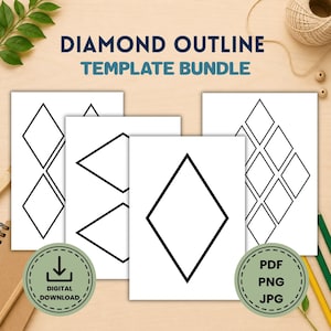 Puede incluir: Un paquete de plantillas titulado DIAMOND OUTLINE TEMPLATE BUNDLE que presenta varias páginas blancas con contornos de diamantes negros. Dos insignias verdes circulares indican una descarga digital y formatos PDF, PNG y JPG.