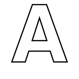 May include: A black outlined letter "A" on a white background. The letter is in a sans-serif font, featuring a triangular interior and a flat base. The design is simple and graphic.