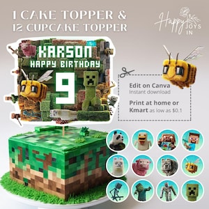 Mine Minecrafter Cake Topper & Cupcake Topper | Personalised Birthday Cake Topper | Custom Cake Topper | Printable Cake Topper