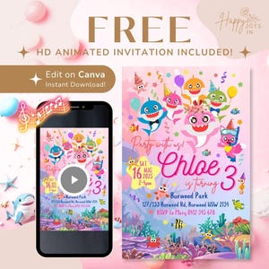 Little Girl Hai Geburtstagseinladung | Haifisch-Familien-Video-Einladung | Digital Animierte MP4 Evite | Druckbare rosa Hai-Party-Einladung