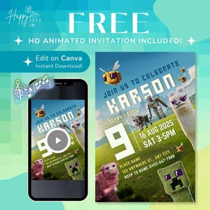 Mine Minecrafter Birthday Party Invitation | Mine Minecrafter Video Invitation | Digital Animated MP4 Evite | Editable Printable Invitation