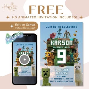 Mine Minecrafter Birthday Party Invitation | Mine Minecrafter Video Invitation | Digital Animated MP4 Evite | Editable Printable Invitation