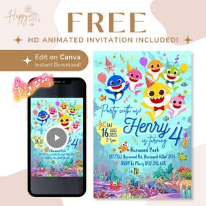 Invitación de cumpleaños de tiburón para niño pequeño / Invitación en video familiar de tiburón / MP4 animado digital Evite / Invitación de fiesta de tiburón editable e imprimible