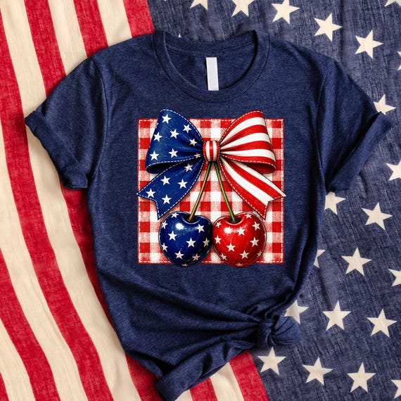 Patriotic Cherry Bow T-Shirt, 4th of July Cherry Shirt, Coquette Americana Tee, Red White Blue Sweatshirt Women, Cute July 4th Outfit