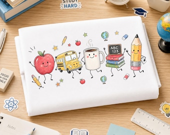 Niedliche Schulbedarf Png, Zurück in der Schule Png, Kawaii Apfel Schulbus Notebook Bleistift Png, glücklichen ersten Schultag Png, Lehrer-Shirt-Design