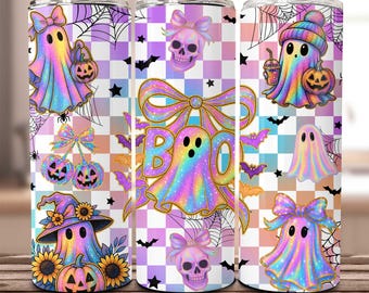 Preppy Coquette Iridescent Ghost Skinny Tumbler, Cute Ghost Pumpkin 20oz Tumbler Wrap, Neon Spooky Season Straight Tumbler Sublimation