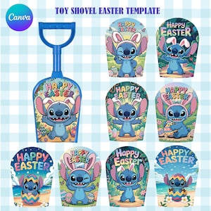 May include: A blue plastic toy shovel with a D-shaped handle. The shovel's scoop features a cartoon character wearing bunny ears and the words "Happy Easter." Several Easter-themed designs with the same character are also shown.