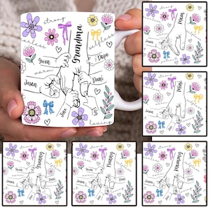Paquete personalizado de taza con hasta 6 niños de la mano de mamá (envoltura PNG), diseño floral para el Día de la Madre, de la mano de la abuela, taza floral de mamá de 325 ml