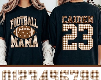 Paquete de PNG personalizados para mamás futbolistas, nombre y número de fútbol personalizados, diseño de cuadros vichy con puntos de fútbol otoñales, PNG de temporada de fútbol, PNG de día de partido
