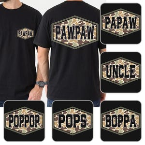 Pode incluir: T-shirts pretas com a palavra "PAWPAW" num design de camuflagem na frente e atrás. Designs adicionais incluem "PAPAW", "UNCLE", "POPPOP", "POPS" e "BOPPA" em estilos semelhantes.