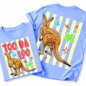 May include: Two light blue t-shirts with kangaroo graphics. One shirt features the text "TOO DA LOO" with a kangaroo, stars, and yellow stripes. The other shirt displays a kangaroo, stars, and yellow stripes on the back.
