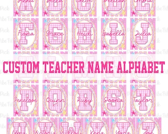 Zurück in der Schule Alphabet Png Bündel, benutzerdefinierte Lehrer Name Shirt, Erster Schultag Png, rosa Gingham Streifen, Schulmädchen Png, Lehrer Geschenk