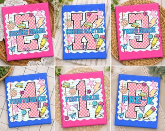 Preppy Back To School Png Bundle, Pre-K to Fourth Grade Png, Pink Gingham School Supplies Png, First Day of School Png, School Girl Png