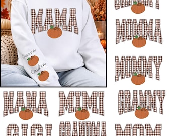 Fall Pumpkin Mama Png, Custom Grandma with Kid Name on Sleeve, Fall Family Matching Shirt, Trendy Fall Gingham Mama Png, Pumpkin Season Png
