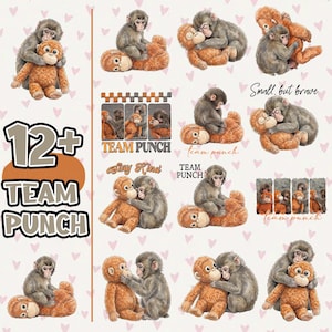 May include: A collage of illustrations featuring monkeys and plush toys. The image includes the text "12+ TEAM PUNCH", "TEAM PUNCH", "Stay Kind", and "Small, but brave". The background has a pattern of small pink hearts.