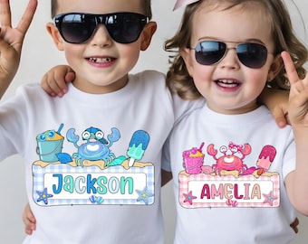 Nome personalizzato per bambini in spiaggia PNG, granchio a pennellate PNG, maglietta coordinata per bambino/a, granchio personalizzato con nome PNG, abbigliamento da spiaggia per fratelli/sorelle, vacanze estive