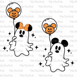 May include: Two cartoon ghosts holding pumpkin balloons. One ghost has a bow, the other has Mickey Mouse ears. Both are white with black details. Black star accents are scattered around the ghosts.