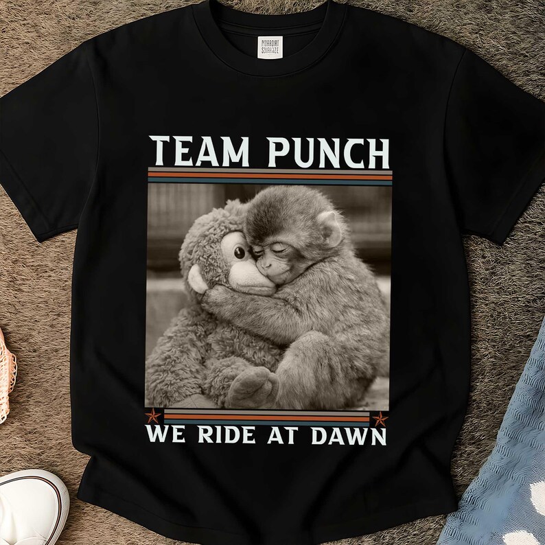 May include: Black t-shirt featuring a sepia-toned image of two monkeys embracing. The text "TEAM PUNCH" is above the image, and "WE RIDE AT DAWN" is below. The shirt has a crew neck and short sleeves.