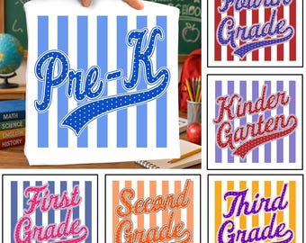 Stripes Porkadots Back To School Png Bundle, Pre-K to Fourth Grade Png, Teacher Groovy Png, Preppy First Day of School Png, Teacher Team Png