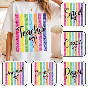 Pacchetto PNG colorato sulle professioni scolastiche, primo giorno di scuola a righe, insegnante, assistente scolastico, consulente, ritorno a scuola in stile preppy, quaderno per appunti