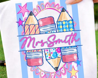 Custom Teacher Name Png, Striped Teacher Pencil Png, Preppy Back To School Png, 1st Day of School Png, Teacher Appreciation, School Girl Png