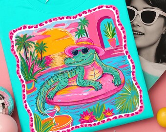 Alligatore estivo al neon PNG, design divertente per galleggiante da piscina per le vacanze, tendenza costiera estiva in PNG, pennellate tropicali in PNG, grafica del tramonto sulla spiaggia