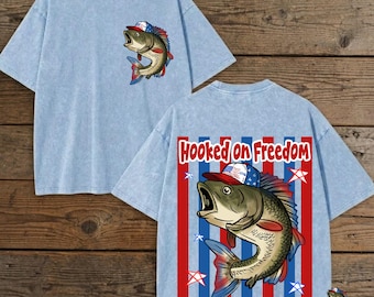 4. Juli Angeln Png, Haken an Freiheit Png, Anhänger Bass Fischen Png, Sterne und Streifen, Vorder- und Hinterhemd, Rot, Weiß und Blau Design