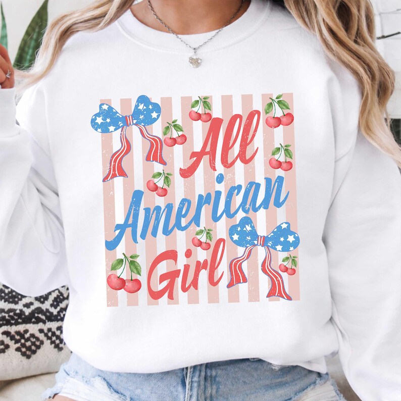 All American Girl png, patriottische kersenstrik png, coquette 4 juli png, onafhankelijkheidsdag, preppy strepen, girly VS png, retro VS-afbeelding afbeelding 3