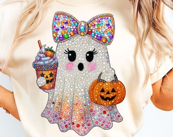 Preppy Faux Glitter Ghost Coffee Mug Png, Glitter Bougie Boo Png,Rhinestones Cute Ghost Png, Halloween Shirt Png, Trick Or Treat Sublimation