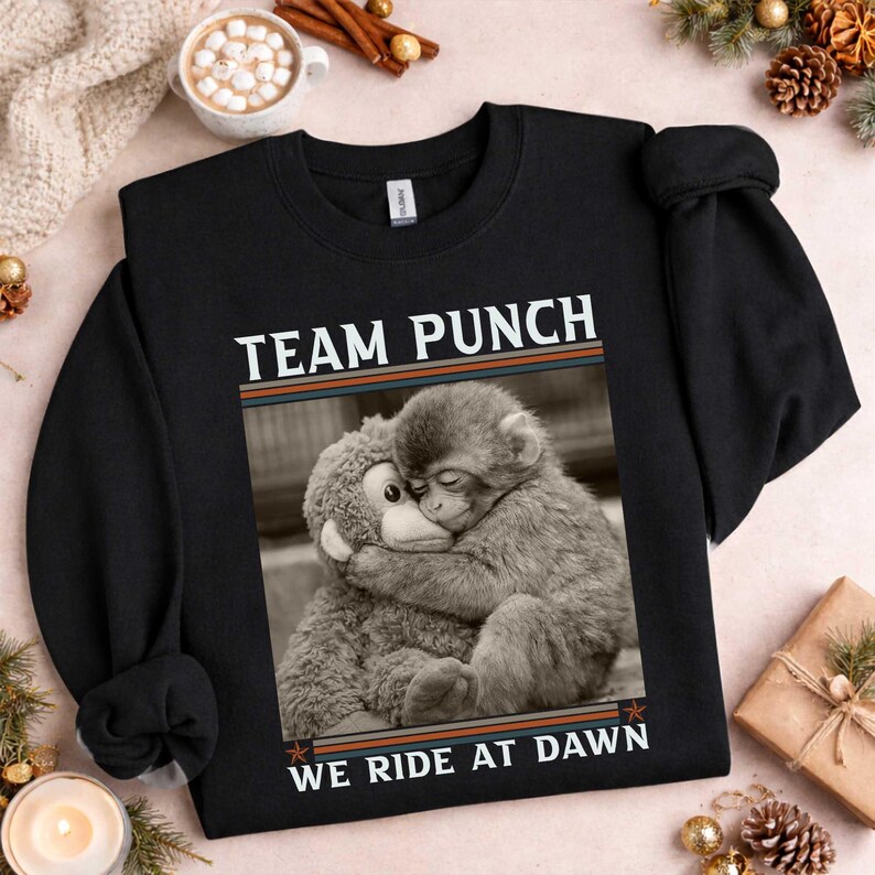 May include: Black sweatshirt with the text "TEAM PUNCH" above a black and white image of two monkeys hugging. The text "WE RIDE AT DAWN" is below the image. The sweatshirt has a crew neck and long sleeves.