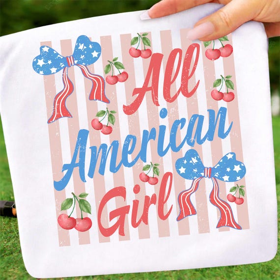 All American Girl Png, Patriotic Cherry Bow Png, Coquette 4th of July Png, Independence Day, Preppy Stripes, Girly USA Png,Retro USA Graphic
