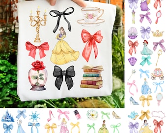 Watercolor Princess Coquette Bow Png Bundle, Family Vacation Png, Pink Ribbon Sublimation Design, Princess Family Shirt,Cartoon Coquette Bow