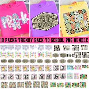 Paquete de 10 paquetes de imágenes PNG de moda para la vuelta al cole, diseño retro de camuflaje antiguo para niño, imágenes PNG coquetas para el primer día de clases, cuadros con rayas para niña