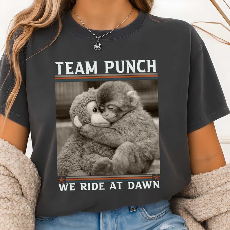 May include: Dark gray t-shirt featuring a black and white image of two monkeys hugging. The text "TEAM PUNCH" is above the image, and "WE RIDE AT DAWN" is below. The shirt has short sleeves and a crew neck.