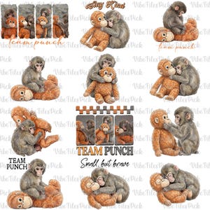 May include: A collection of digital art featuring monkeys and stuffed animals. The images include the text "Stay Kind", "Team Punch", and "Small, but brave". The color palette includes shades of brown, gray, and orange.