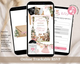 Pink Pumpkin Forest Woodland Baby Shower Invitation, A Little Pumpkin Is On The Way Baby Shower, Autumn Baby Shower Editable Canva Website