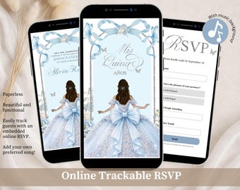 Invitación de quinceañera de plata con coqueta de lazo azul polvoriento, invitación dulce 16 de mariposa floral azul, Canva editable Mis Quince XV Años RSVP WZ20B