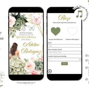 Blush Pink Floral Sweet 16th Quinceañera Invitation, Sage Green Princess Mexican Girl Mini Website, Geometric Mis Años Quince Online RSVP A6