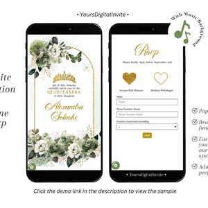 Elegant Sage Green Quinceañera Invitation, Sage Green Floral Butterfly Sweet 16th, Gold Crown Quince RSVP, Mis Quince Años XV Mini Web A17