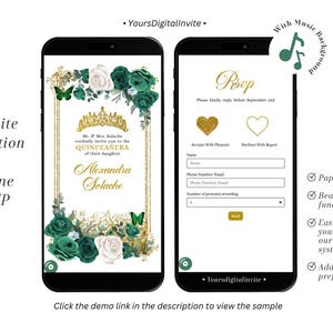 Emerald Green Mexican Quinceañera Invitation, Emerald Floral Rose Sweet 16th Party, Gold Crown Quince Tiara, Mis Quince Años XV Mini Web Q39
