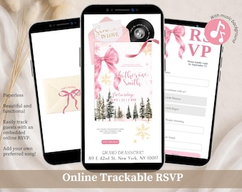 Whimsical Bow Winter Pink Bridal Shower Invitation, Snow In Love Bridal Shower, Christmas Theme Bridal Shower Editable Canva Website C258