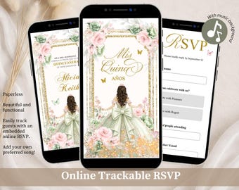 Invitación elegante de quinceañera en oro rosa y salvia, invitación floral de rosas y mariposas para dulces 16 años, invitación mini web de Canva para quinceañera XV QS1