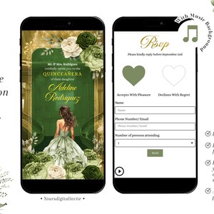 Sage Green Floral Princess Quinceañera Invitation, Mis Años XV Quince Tiara Online RSVP, Grand Palace Mexican Girl Party Mini Website A10