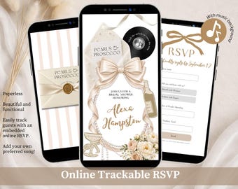 Ivory Beige Pearl and Prosecco Bridal Shower Invitation, Coquette Bow Bridal Shower, Floral Bridal Shower Editable Canva Website C83